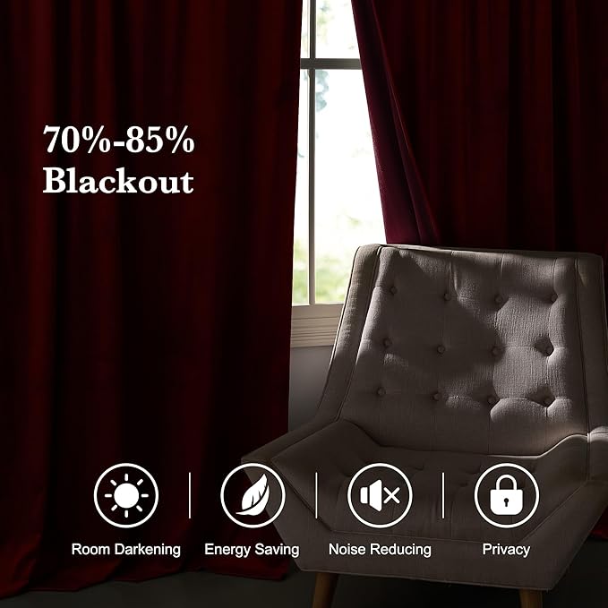 RYB HOME Burgundy Red Velvet Curtains for Christmas Decor, Soft Luxury Backdrops for Studio Theater, Back Tab Design for Bedroom Living Room, 52" W x L94 L, 2 Panels Set