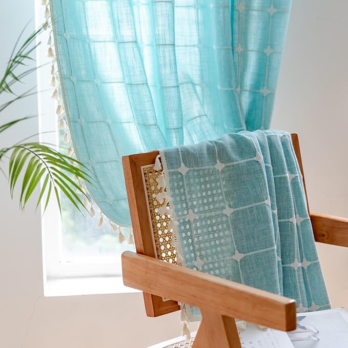Sutuo Home Boho Curtains 96 Inches Long for Bedroom Living Room, Semi Blackout Linen Plaids Farmhouse Tassels Window Treatment Bohemian Embroidery Drape,Rod Pocket 1 Panel 52" W x 96" L, Aqua Blue