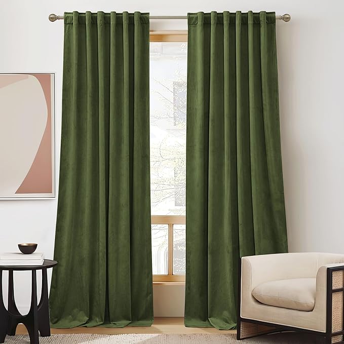 RYB HOME Back Tab Velvet Curtains, Thermal Insulated Privacy Protect Decorative Drapes for Living Room Home Theater, Olive Green, W 52 x L 108 inches, 2 Panels Set