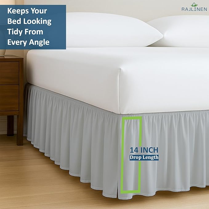 Rajlinen Ruffled Bed Skirt Full, 14 Inch Drop Dust Ruffle with Split Corners, 100% Microfiber Bedskirt with Platform, Three-Sided Coverage Ruffled Gathering Design, Light Grey