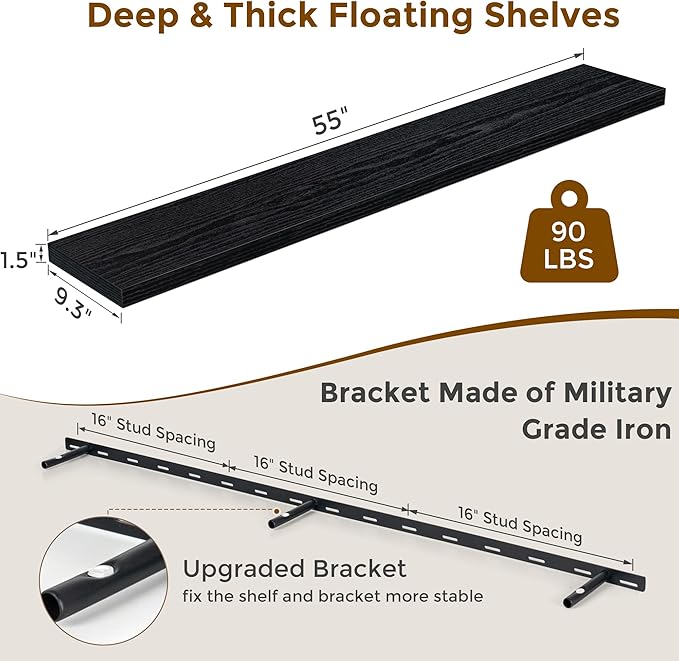 Fun Memories 55 Inch Floating Shelves for Wall, 55x9.3 Large Floating Shelf for Bedroom, Kitchen, Bathroom, Wall Mounted Rustic Wood Shelves with Invisible Bracket for Books, Decor, Black