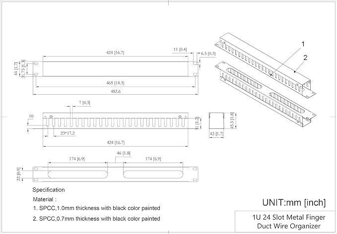 2 Pack 1U 19 Inch Cable Manager Horizontal Rack Mount 24 Slot Metal Finger Duct Wire Organizer with Cover and Mounting Screws for Server Rack, Black(24S2P)