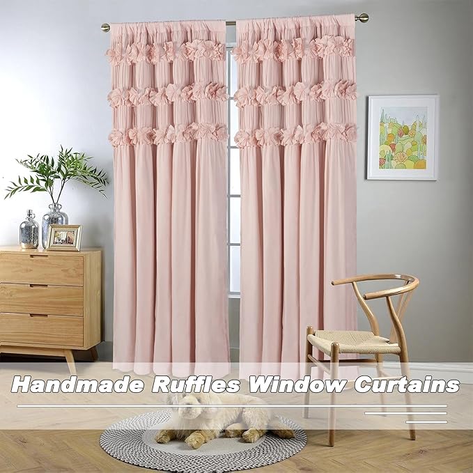 Luxurious Peach Pink Blackout Curtains with 3 Rows of Handmade Butterfly Flower Ruffles, Room Darkening and Soundproof Window Curtain 52" W x 96" L x 2 Panels, Machine Washable(LQ-37)