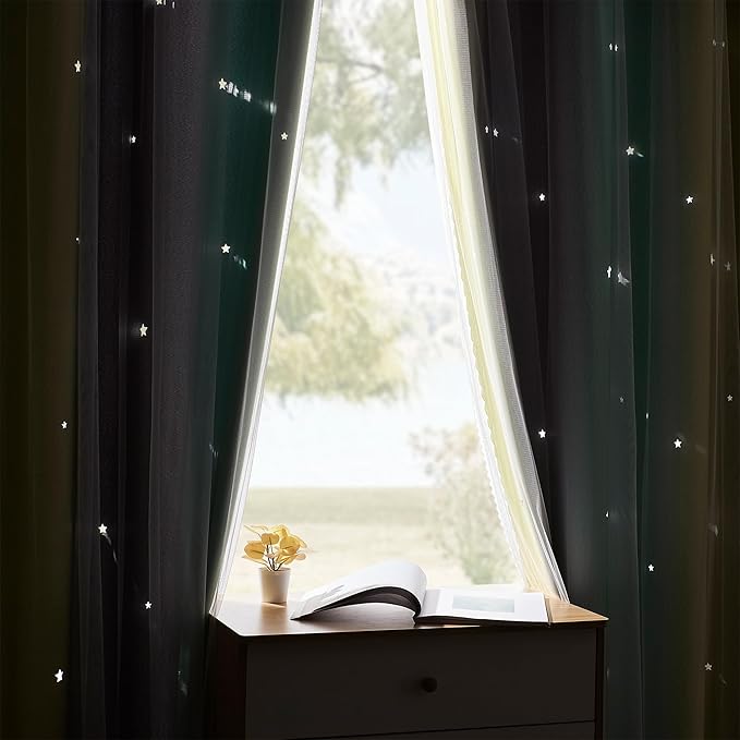 XiDi Yellow & Rainbow Curtains for Kids & Girls Room - Blackout, Grey & Green 52x84 Inch Long 1 Panel with Unicorn Wall Decals