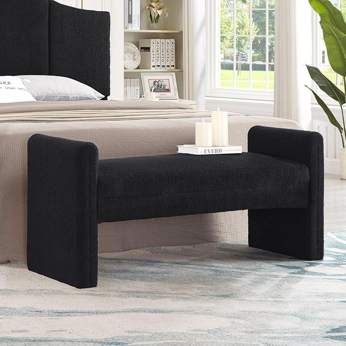 24KF Modern Upholstered Bed Bench Covered with Soft Boucle Teddy Fabric, Lovely Entryway Bench Ottoman with Armrest, 5062-Black