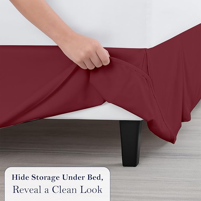 Queen Bed Skirt, Luxury 16 Inch Drop Burgundy Pleated Bed Skirt, Double Brushed Microfiber, Box Pleat Design, Wrinkle & Fade Resistant, Easy Fit Tailored Bedskirt for Queen Size Beds