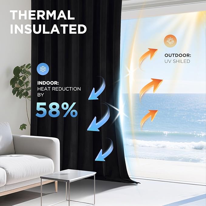 Joydeco Black 100% Blackout Curtains 120 Inch 2 Panels, Luxury Thermal Insulated Black Velvet Curtains for Bedroom Living Room, Soundproof Blackout Window Drapes, Rod Pocket & Back Tab (52W x 120L)