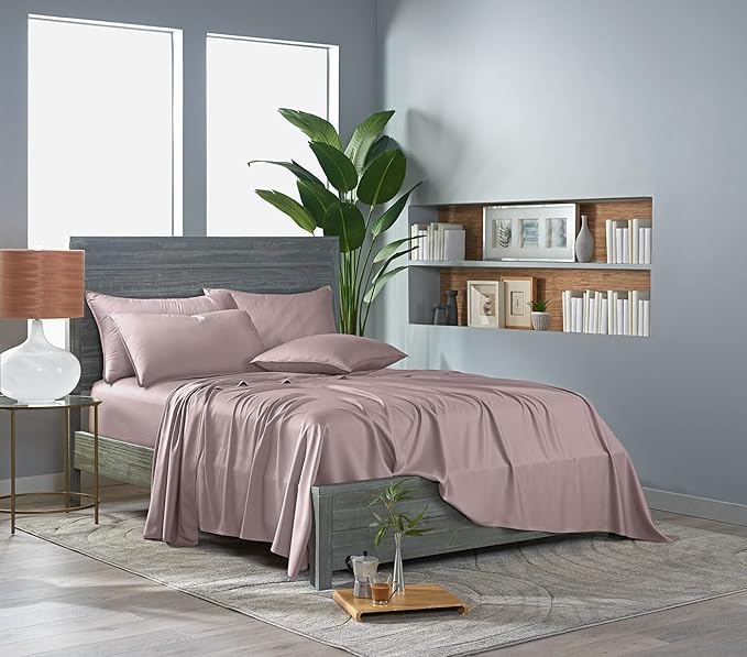 Pure Bamboo Queen Sheets, Genuine 100% Organic Viscose Derived from Bamboo Bed Sheet Set, Luxuriously Soft & Cooling, Double Stitching, 2 Year Quality Promise (Queen, Dusty Pink)
