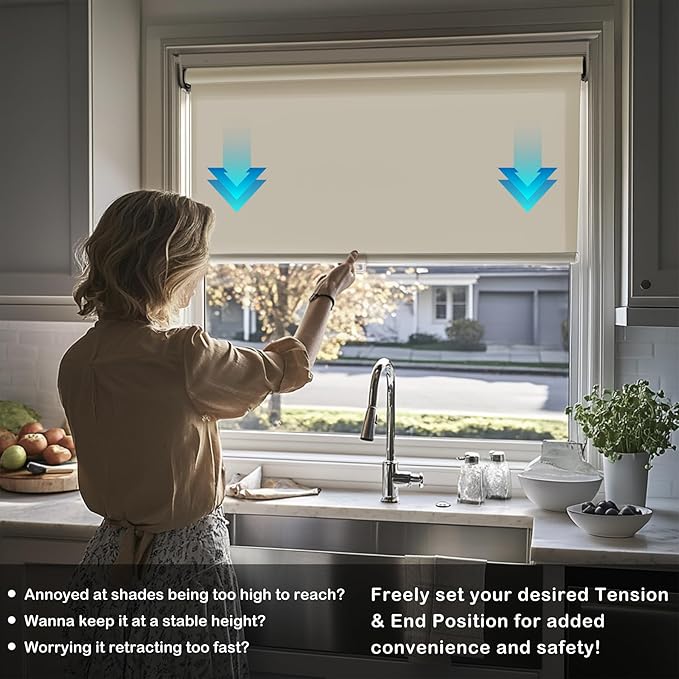 HESTIA No Drill Cordless Blackout Roller Shades Screwless Waterproof Shower Window Blinds, Auto-Retraction Easy Install Blind for Bathroom/Kitchen/Office/Exterior, Cream, 39" W x 72" H