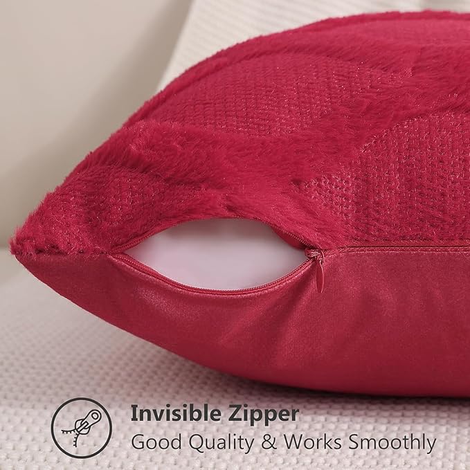 decorUhome Spring Euro Sham Throw Pillow Covers 24x24 Inch Set of 2, Soft Plush Faux Fur Wool Red Couch Pillow Covers, Decorative Neutral Pillow Cases for Bed Sofa Living Room Home Decor