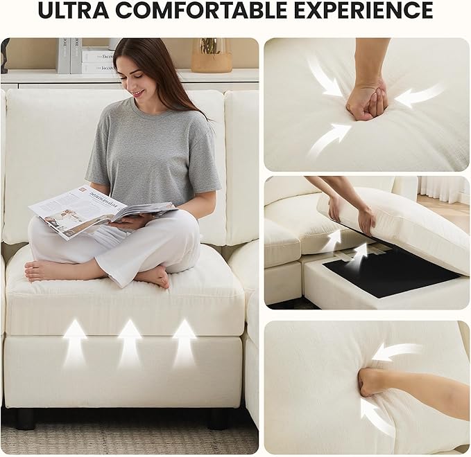 116'' 4-Seater Modular Sectional Cloud Sofa with Ottoman, Convertible L-Shaped Couch for Living Room, Modern Deep Seat Modular Sofa, Chenille Beige