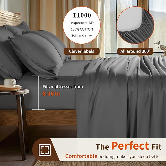 LBRO2M 1000 Thread Count 100% Egyptian Cotton Sheets Set 6 Piece Sets King Bed Sheet Deep Pocket Sheet Set 16" Soft Comfortable All Season (King, Dark Gray)