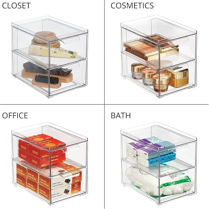 mDesign Stackable Storage Containers Box with 2 Pull-Out Drawers - Stacking Plastic Drawer Bins for Master or Guest Bathroom, Linen Closet, Vanity, or Makeup Table - Lumiere Collection -Clear