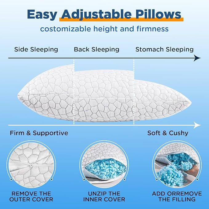 Side Sleeper Pillow for Adults, King Size Cooling Pillow for Neck and Shoulder Pain Relief, Adjustable Firm Soft Shredded Memory Foam Pillows for Side Back Stomach Sleepers, Bed Pillows for Sleeping
