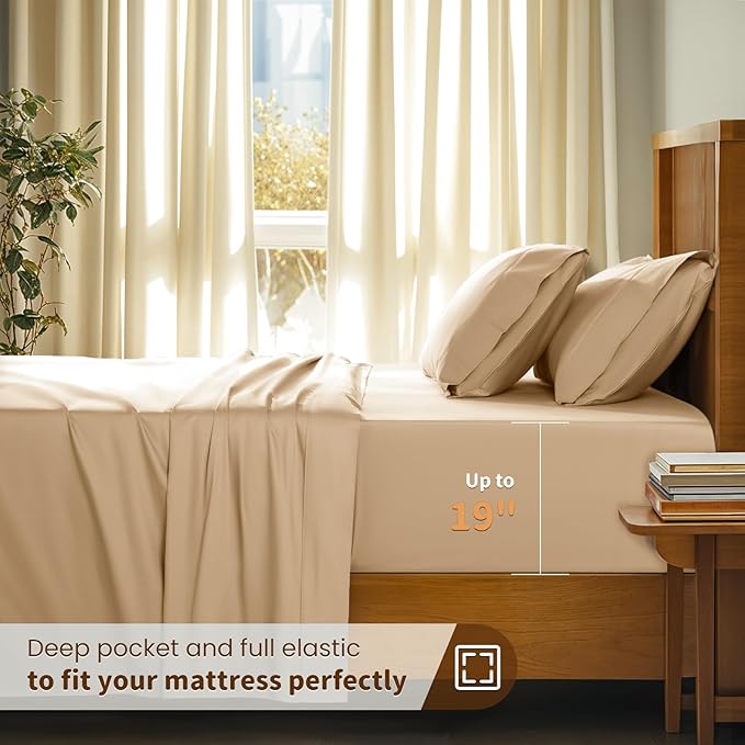 LBRO2M 100% Cotton Sheets Set Deep Pocket 19", 1000 Thread Count King Size 4 Piece Bed Sheet Sets Soft Comfortable Bedding All Season (King, Cream)