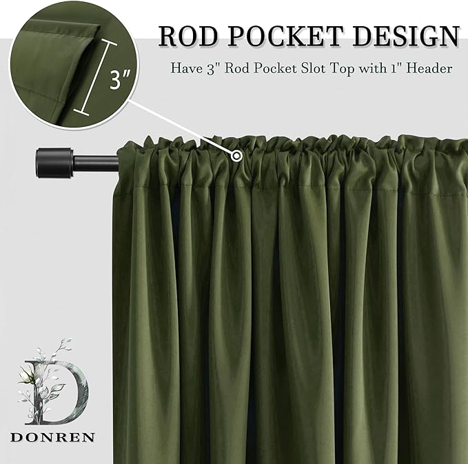 DONREN Olive Green Blackout Curtains 48 Inch Length 2 Panels Set - Rod Pocket Room Darkening Thermal Insulated Curtains & Drapes for Boys Bedroom/Cabin/Loft,W52 x L48 Inches Long
