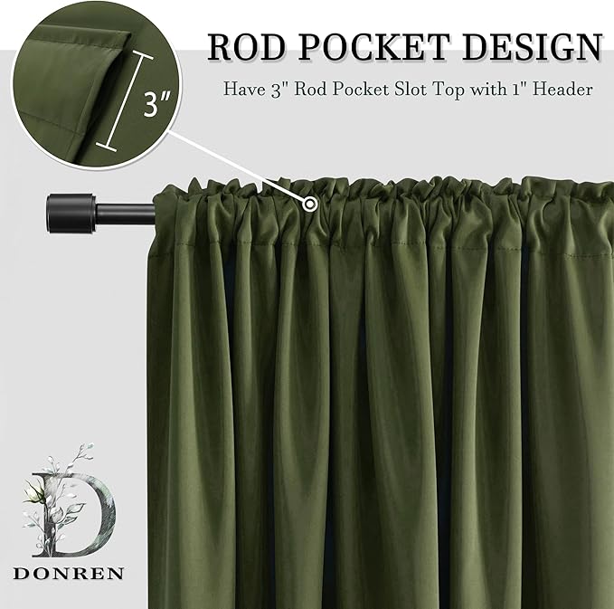 DONREN Dark Olive Green Blackout Curtains for Classical Dining Room Kitchen Bathroom Deco - Loden Room Darkening Thermal Insulated Window Curtain Panels for Bedroom,Set of 2 Panels,W 52 x L 63