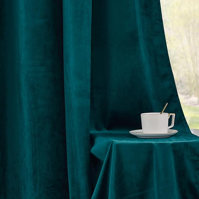 RYB HOME Peacock Blue Velvet Curtains & Drapes, 72 inches Noise Reducing Thermal Insulated Short Curtains for Office, W 52 x L 72, 2 Panels Set