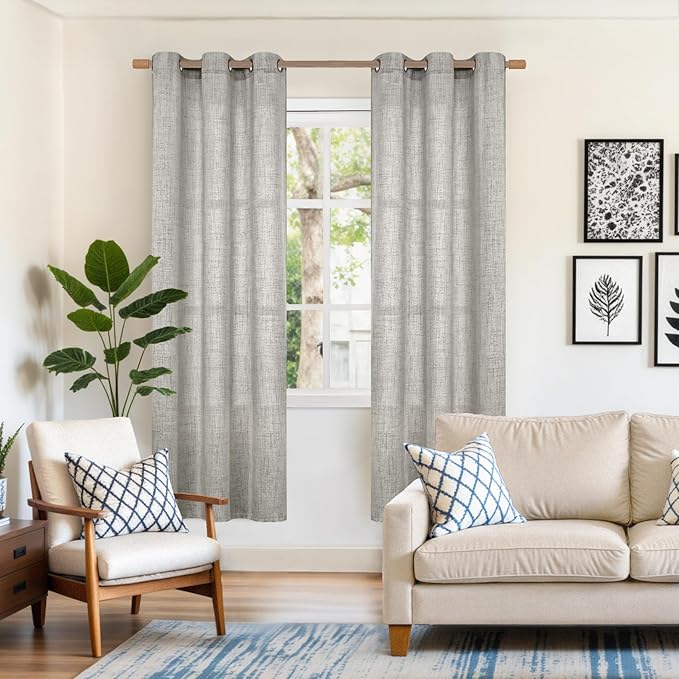 YoungsTex Dark Grey Linen Curtains 72 Inch Length for Bedroom, Linen Textured Semi Sheer Drapes with Bronze Grommet Light Filtering for Living Room Dining, 2 Panels, 42 X 72 Inch