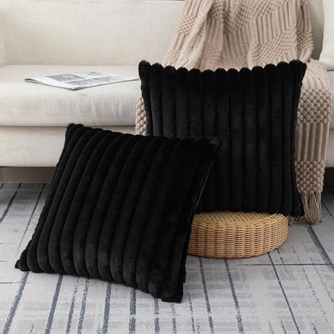 ZLINA Set of 2 Black Faux Fur Decorative Throw Pillow Covers Fluffy Striped Pillowcase Cushion Covers 16 x 16 Inch Decor Sofa Couch Bedroom