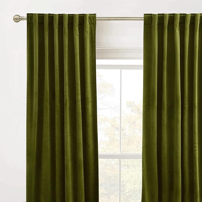RYB HOME Velvet Curtains 90 inches Length, Back Tab & Rod Pocket Soft Fabric Curtains & Drapes for Bedroom Room Divider, Moss Green, W 62 x L 90, 2 Panels Set