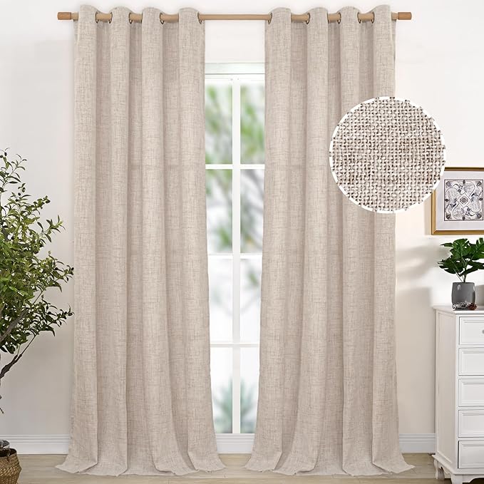 YoungsTex Extre Long Linen Curtains 102 Inch Long for Living Room Linen Textured with Bronze Grommet Burlap Drapes Light Filtering, Natural, 2 Panel, 52 X 102 Inch