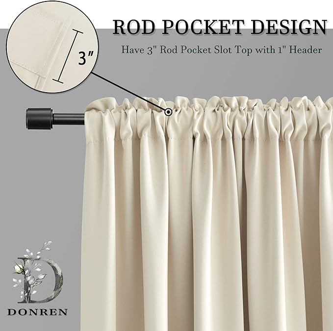 DONREN Thermal Room Darkening Draperies Window Curtain Panels - Easy Care Solid Rod Pocket Curtains for Dining Room (42 W x 72 L,2 Panels,Cream Beige)
