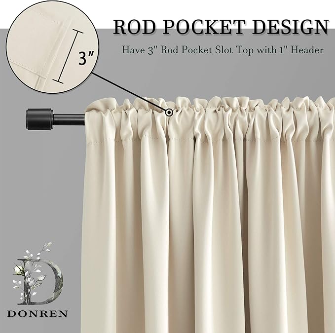 DONREN 48 Inch Length Cream Beige Curtains for Bedroom - Small Window Treatment Rod Pocket Room Darkening Curtain Drapes (Set of 2 Panels,52 W x 48 L)