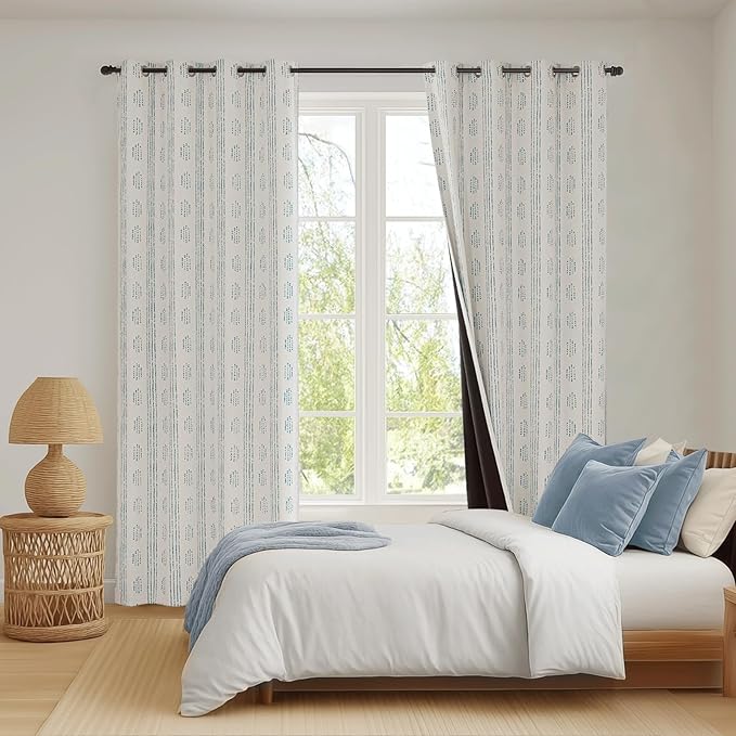 100% Boho Blackout Curtains 72 Inches Long for Bedroom, Blue on Beige Patterned Bohemian Curtains for Living Room, Geometric Striped Thermal Insulated Window Drapes Gromment Top 2 Panels