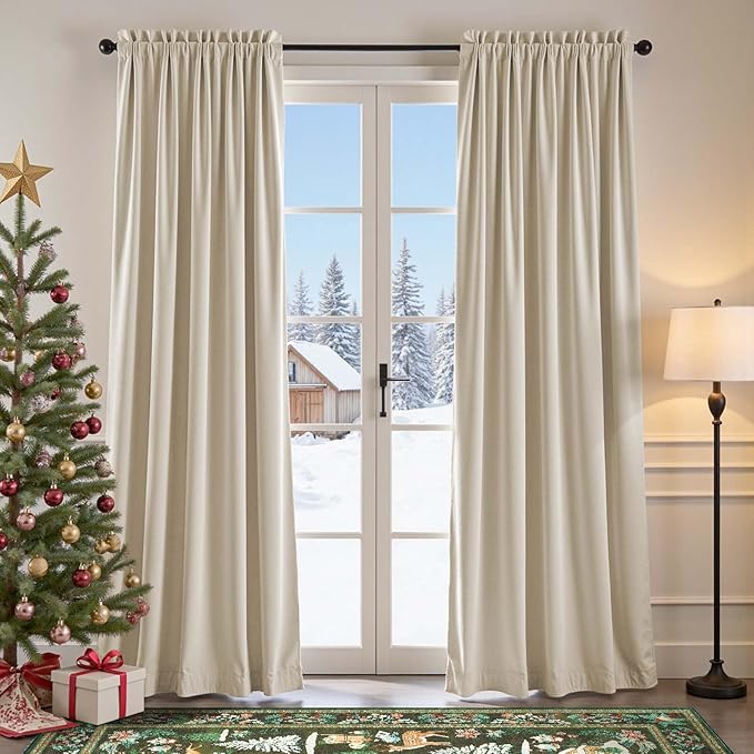 Lazzzy Velvet Blackout Curtains Thermal Insulated Room Window Drapes Super Soft Luxury Curtains for Living Room Bedroom Rod Pocket 2 Panels, Beige, 42" W x 90" L