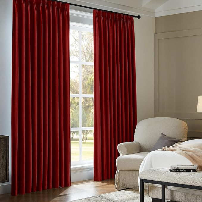 Pinch Pleated 100% Blackout Curtains for Bedroom, Red Velvet Curtains for Living Room, Black Out Curtain 108 inch Long Room Darkening, Blackout Pinch Pleat Drapes with Hooks 2 Panels