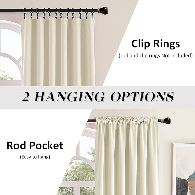 DONREN Thermal Room Darkening Draperies Window Curtain Panels - Easy Care Solid Rod Pocket Curtains for Dining Room (52 W x 96 L,2 Panels,Cream Beige)