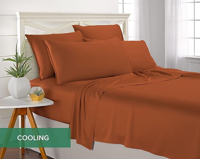 Pure Bamboo Queen Sheets, Genuine 100% Organic Viscose Derived from Bamboo Bed Sheet Set, Luxuriously Soft & Cooling, Double Stitching, 2 Year Quality Promise (Queen, Terracotta)