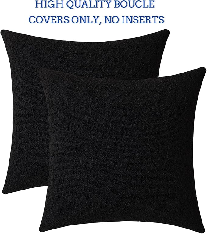 Jeneoo Black Decorative Square Thick Throw Pillow Covers Fine Textured Boucle Couch Cushion Case for Sofa Decor, Set of 2, 20 x 20 Inch