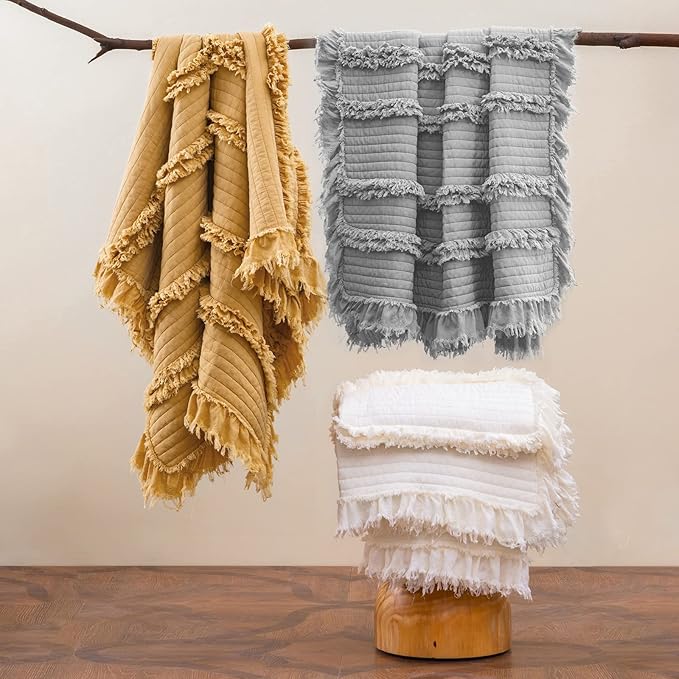 Ultra Soft Pre-Washed Quilted Boho Grey King Size Blankets for Bed, Ruffle Fringed Decorative Throw, Stone Washed Chic Rustic Blanket for Sofa Couch Bed, 104"*90"