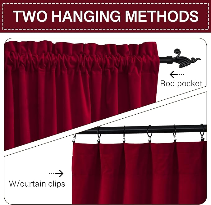 StangH Christmas Red Velvet Curtains 96-inch - Heavy-Duty Large Window Room Darkening Privacy Enhancing Panels for Home Theater/Film Room/Stage, Red, 52 x 96 inches, 2 Panels