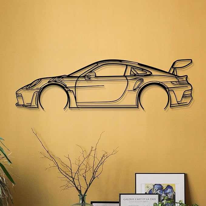Dekory Car Wall Art – 911 GT3 RS (992) Black Metal Sports Car Silhouette, Modern Industrial Automotive Wall Decor for Garage, Living Room or Bedroom – 56 Inch (XXL)