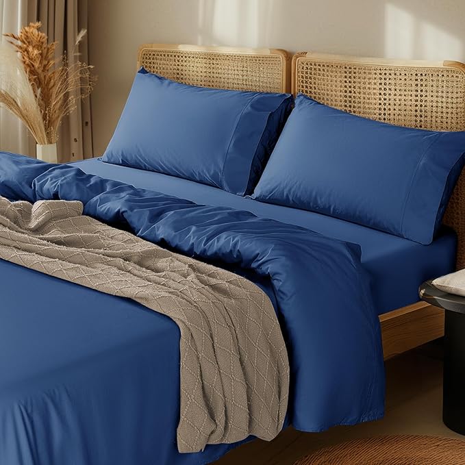 LBRO2M 100% Cotton Sheets Set Deep Pocket 24", 1000 Thread Count Queen Size 4 Piece Bed Sheet Sets Soft Comfortable Bedding All Season (Queen, Navy Blue)