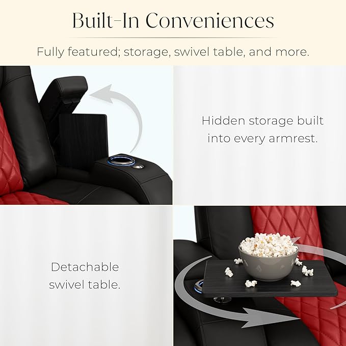 Seatcraft Diamante Zero-Gravity CoolZero Italian Leather Home Theater Seating, Power Headrest, Power Recline, Row of 5 Right Loveseat, Black/Red