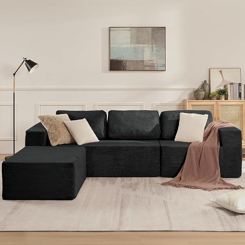 106" Cloud Sectional Couch, Left/Right Facing Convertible Sofa with Deep Seat, L-Shape Modular Upholstered Foam Couch for Living Room Bedroom, No Assembly Required (Corduroy Fabric, Black)