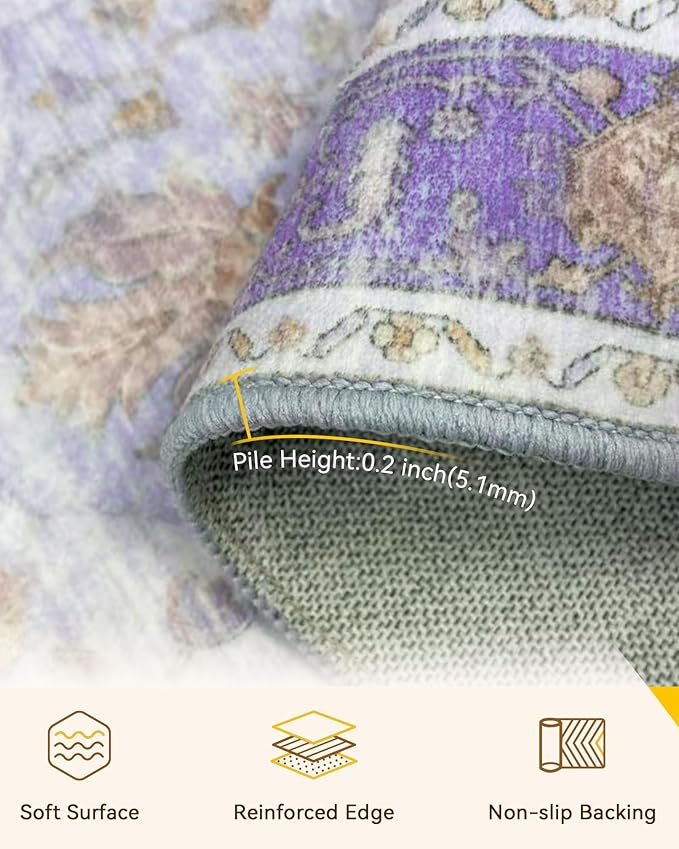 Area Rugs 2'x6' Washable Non-Slip, Floral Vintage Distress Print Pattern Medallion Carpet for Living Room Bedroom Dining Room, Light Purple Brown