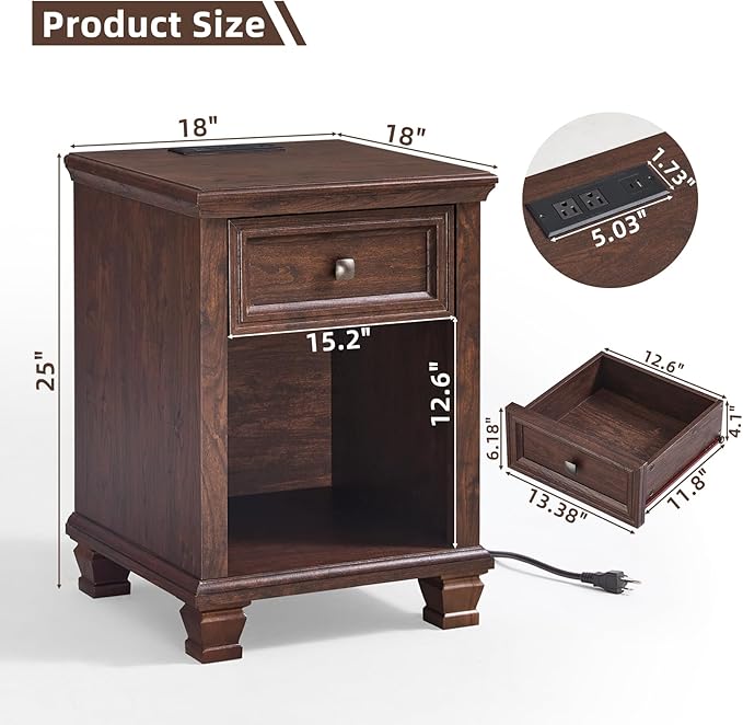 SAVOR LIFE Farmhouse End Tables Living Room with Drawer, Rustic Wood Nightstand with Charging Station, Brown Bedside Table with Open Shelf for Bed Room, Living Room, Walnut