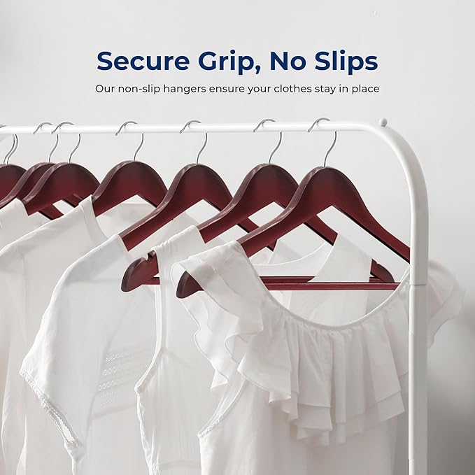 SereneLife 60-Pack Wooden Hangers Cherry Finish – Heavy Duty Suit & Clothes Hangers with Non-Slip Notches, Pants Bar, 360° Swivel Chrome Hook, 10 lb Capacity, Space Saving Closet Organization