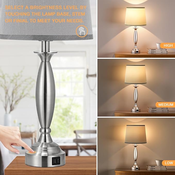 Bedrooms Touch Control Bedside Lamp with USB C+A, 3 Way Dimmable Nightstand Lamps with USB Port, Brushed Nickel Table Lamp for Living Room Guest Room Bed Side End Table, Set of 2