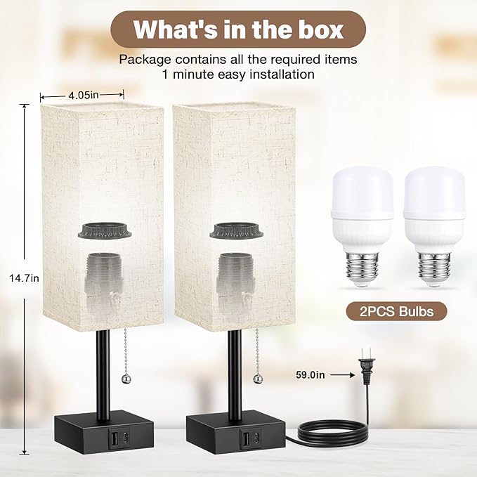Fenmzee Bedside Lamps for Bedroom Set of 2 - Small Rectangular Nightstand Lamp with USB A C Charging Port, 3 Color Temperatures Desk Light with Bulb, Tabletop Reading Lamp for Living Room/Dorm/Office