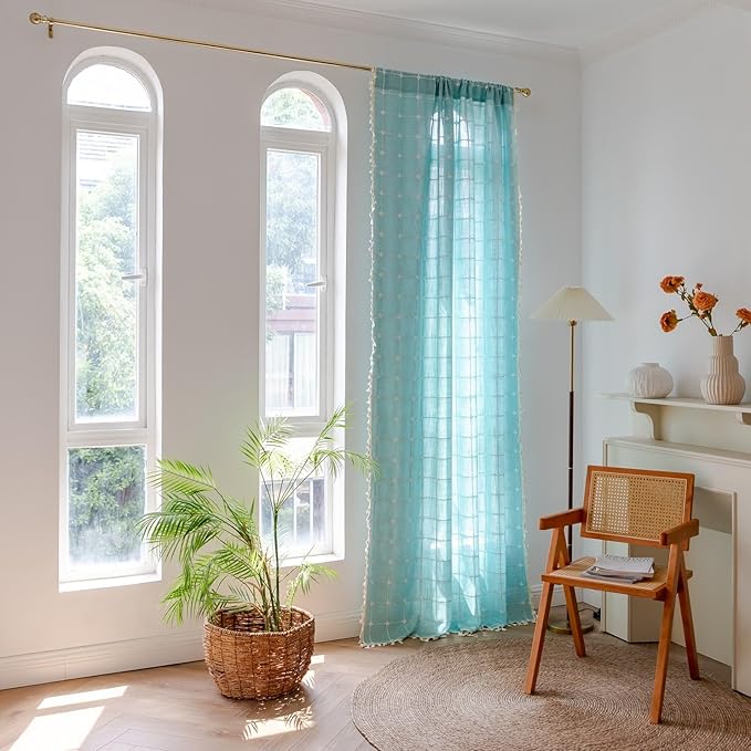 Sutuo Home Boho Curtains for Kitchen Nursery Kid's Room,Bohemian Semi Blackout Plaids Linen Privacy Farmhouse Tassels Window Treatment Embroidery Drape, Rod Pocket 1 Panel 52" W x 63" L, Aqua Blue