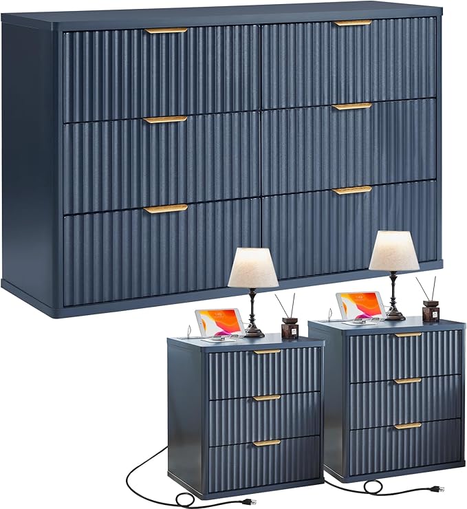 LEYAOYAO 48" Wide Fluted Dresser and 3 Drawers 23" Nightstand Set of 2, Wooden Dresser & Night Stand with Charging Station, 3 Piece Bedroom Furniture Set, Chest of Drawer for Living Room,Blue