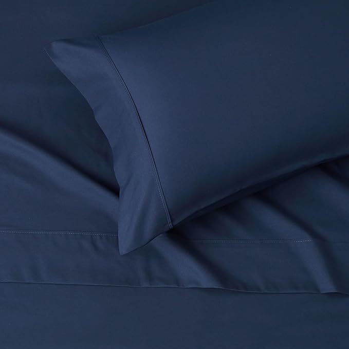 Amazon Basics Lightweight Super Soft Easy Care Wrinkle Free Microfiber 3 Piece Bed Sheet Set with 14-Inch Deep Pockets, Twin, Navy Blue, Solid, Kids, Men & Women Bedding