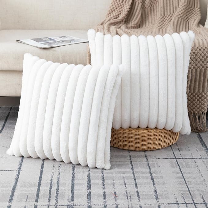 ZLINA Set of 2 Cream White Faux Fur Decorative Throw Pillow Covers Fluffy Striped Pillowcase Cushion Covers 26 x 26 Inch Decor Sofa Couch Bedroom