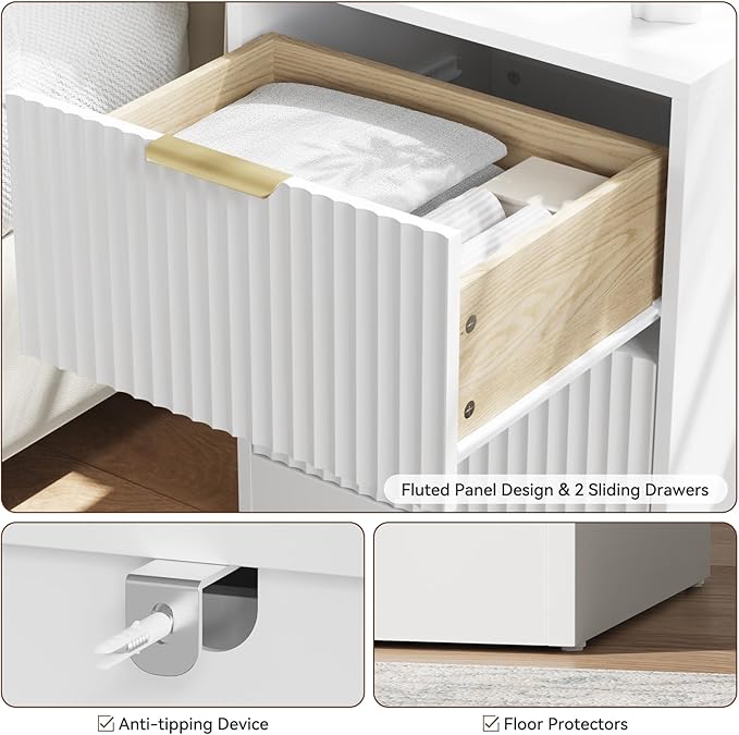 9 Drawer Dresser & Nightstand Set 3-Piece, 63” Wide White Fluted Dresser and Night Stand Set of 2, Fluted Modern Wood Chest of Drawers Storage Dressers Set for Bedroom, White